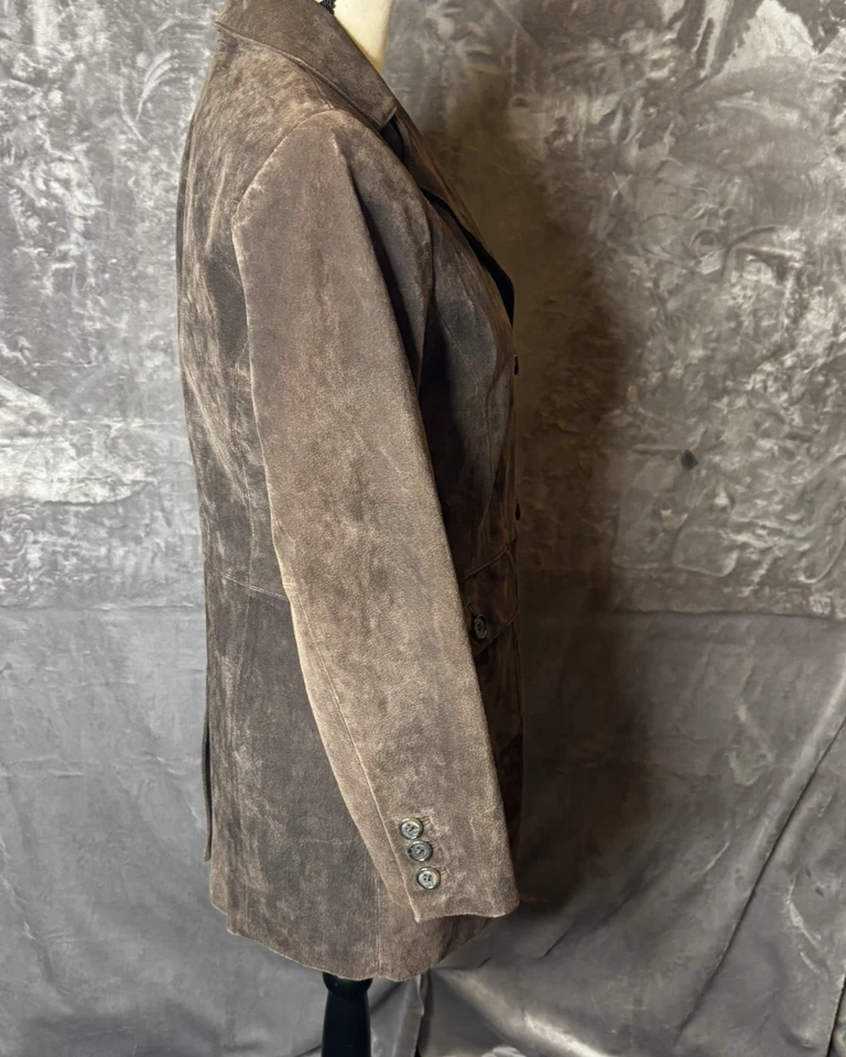 Abrigo de coche Style & Co pequeño marrón pequeño 100 % cuero gamuza totalmente forrado con botones Foto 4 de 4