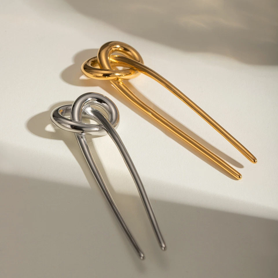 Horquilla de moda para mujer enchapada en oro de 18 quilates de acero inoxidable nudo sólido en U Foto 4 de 4