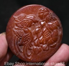 2" Old Chinese Red Jade Carving Flying Bird Lotus Flower Yu Bi Statue Pendant