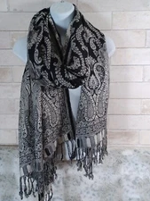 Scarf Black Paisley Fringe wrap 28 x 86" Light Dark Reversible