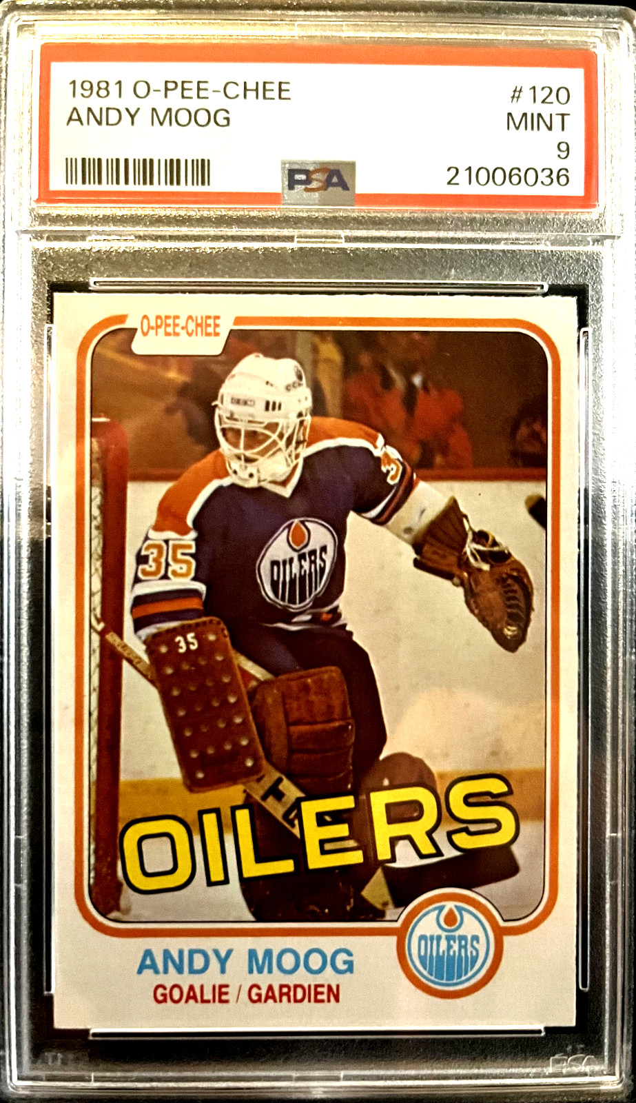 🔥NICE 🏒 1981 O-PEE-CHEE #120 ANDY MOOG RC OILERS 🥅 PSA 9 🔥Hard Grade🔥 HOFer