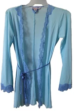 Vintage Victoria's Secret sheer light weight blue lace wrap short robe S/XS-nwot