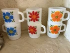 New ListingVintage Fire King Pop Flower Milk Glass Mugs Orange Yellow  Blue Red (6 Mugs)