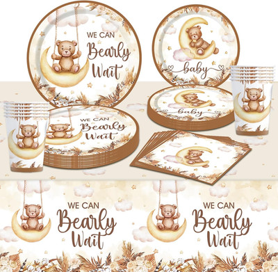 Teddy Bear Baby Shower Decorations - 97 Pcs We Can Bearly Wait Tablecloth Baby S