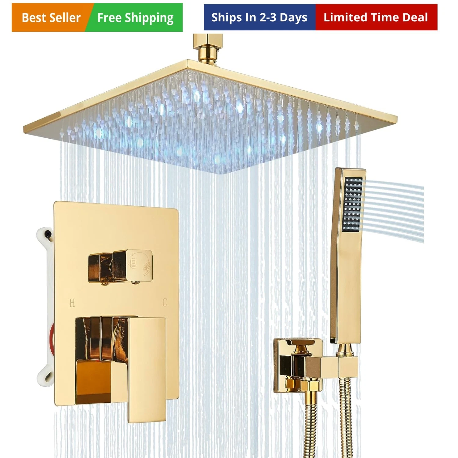 Polished Gold Shower System 12 Inch LED Square Rainfall Shower Head Ceiling M...