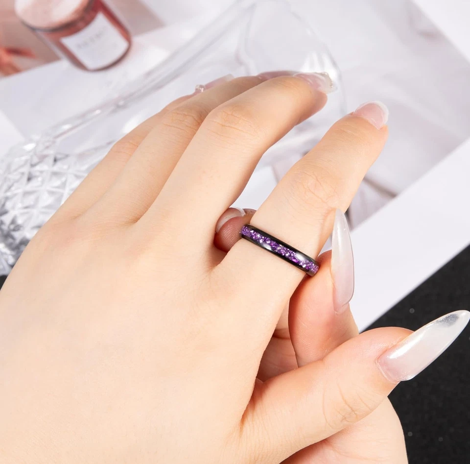 Anillo de tungsteno negro, anillos de boda para hombre y mujer con citrino/azul/amatista/gala Foto 3 de 4