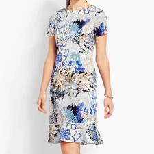 Talbots Botanical Garden Cotton Shift Dress Tan Blue Flounce Hem (Size 16P)