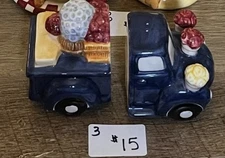 Blue Old Style Pick Up Truck Carrying Flowers Ceramic Salt & Pepper Shakers