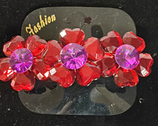 Vintage Heart Shaped Red  Purple Flowers / Metal Hair Barrette 4" / Taiwan