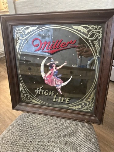 Vintage Miller High Life 1984 Girl On The Moon Beer Mirror Wall Bar Sign.