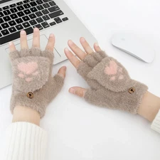 Cat Paw Plush Gloves Warm Fleece Flip Half Finger Mittens Winter Cartoon Fingerl