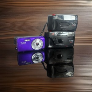 LOT OF 3 Vivitar Vivicam Compact  And  Film Cameras.Black Purple Wrist Strap