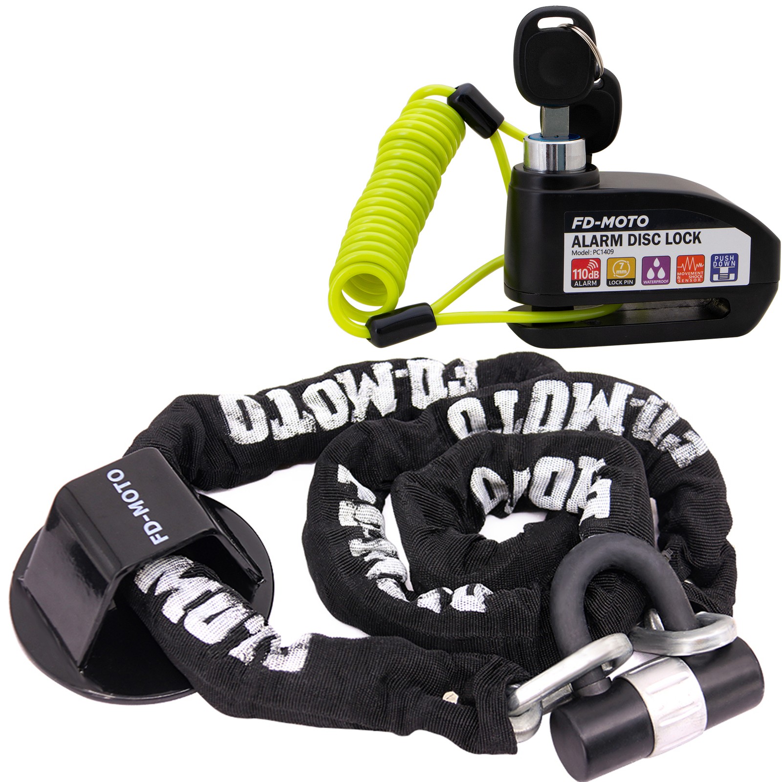 FD-MOTO Black CE Alarm Lock & 1.8M*10mm Motorbike Chain Lock & Ground Anchor Set