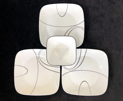 4 Pc Corelle Corning SIMPLE LINES~3 Dinner PLATES~1 Cereal Soup BOWL 6.5''~SQUARE