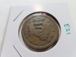 E21 USA 1848 Braided Hair Large Cent w/ "Market St. BrCS Phila" Counterstamp