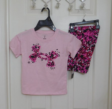 NWT 2pc Under Armour Pink Black Logo Top Print Bike Shorts Set sz 6