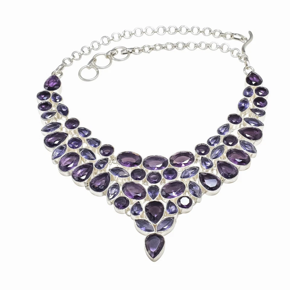 Collar de joyería de plata de ley 925 hecho a mano con piedras preciosas de amatista púrpura de 18" Foto 3 de 4