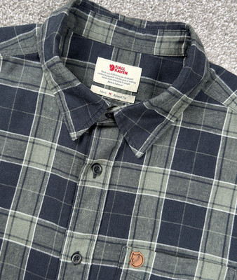 Fjallraven Ovik Travel Shirt Men M Gray Plaid Hemp Outdoor Hiking Casual