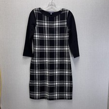 Chaps Black White Plaid Sweater 3/4 Sleeve Career Dress Sz. Medium 