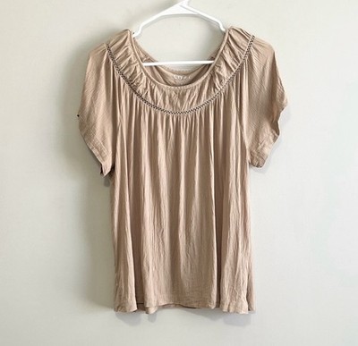 Loft Women's Cutout Yoke Flutter Sleeve Mixed Media Top Tan Size Large
