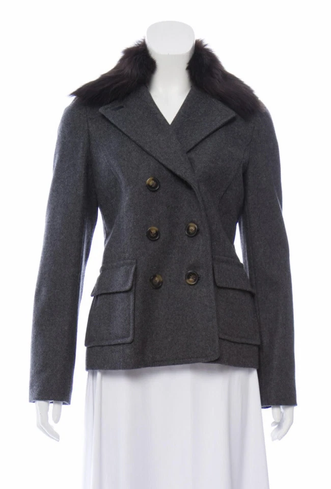 Chaqueta Tory Burch para mujer nueva sin etiquetas gris mezcla de lana cuello de piel talla pequeña Foto 2 de 4