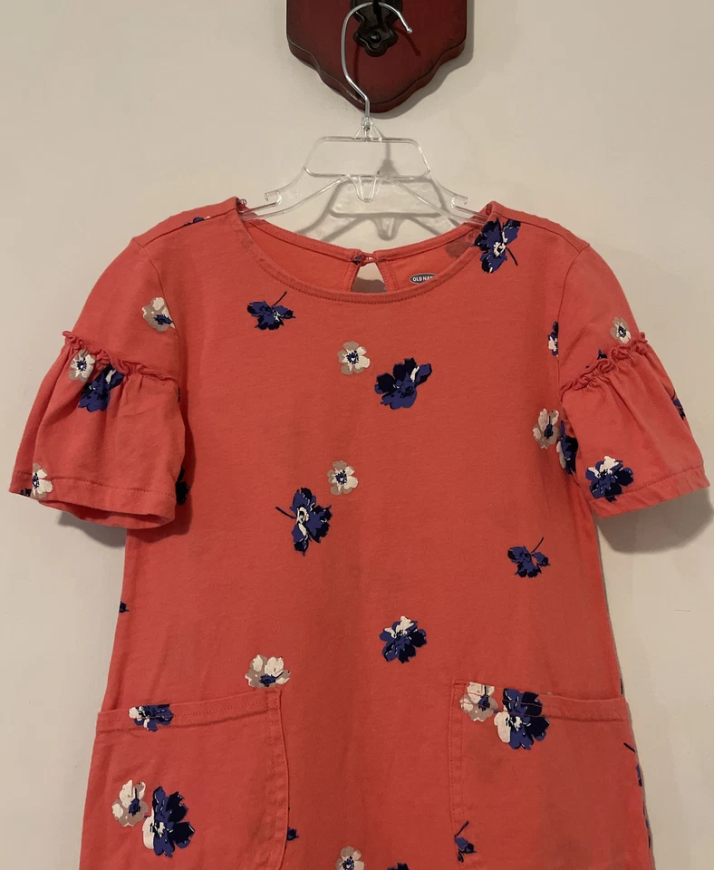 Antiguo Vestido Azul Marino Niñas Talla 5 Rosa Floral Algodón Pull-On Manga Corta Bolsillo A5762 Foto 3 de 4