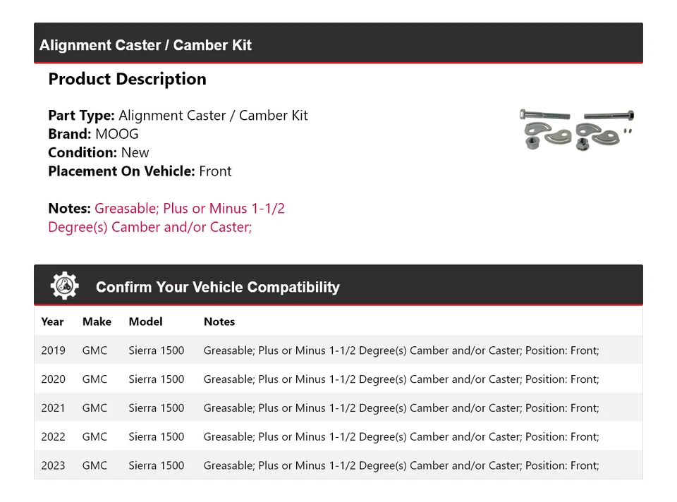 Kit de rueda de alineación/camber delantero MOOG 2019 2020 para GMC Sierra 1500 2019-2023 Foto 2 de 4