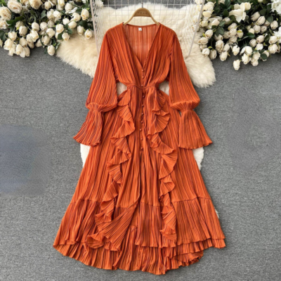 Women Chiffon Pleated Swing Dress Long Sleeve V-neck Ruffle Elegant Summer  Chic | eBay