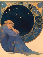 Dreaming Woman in Blue Robe with Stars Art Nouveau Poster 18x24in