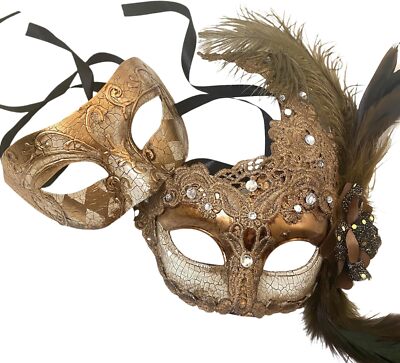 Couples Black Gold Masquerade Ball Mask Pair Feather Mardi Gras Party Valentines