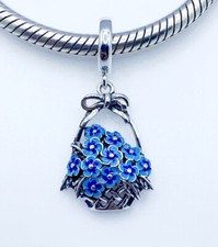 Blue Flower Basket Dangle Charm Pendant Floral Genuine 925 Sterling Silver 💖