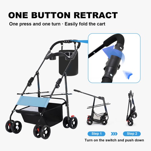 Foldable Pet Strollers 4 Wheels Carrier Cart w/Cup Holder for Cats & Dogs Blue - Picture 11 of 12
