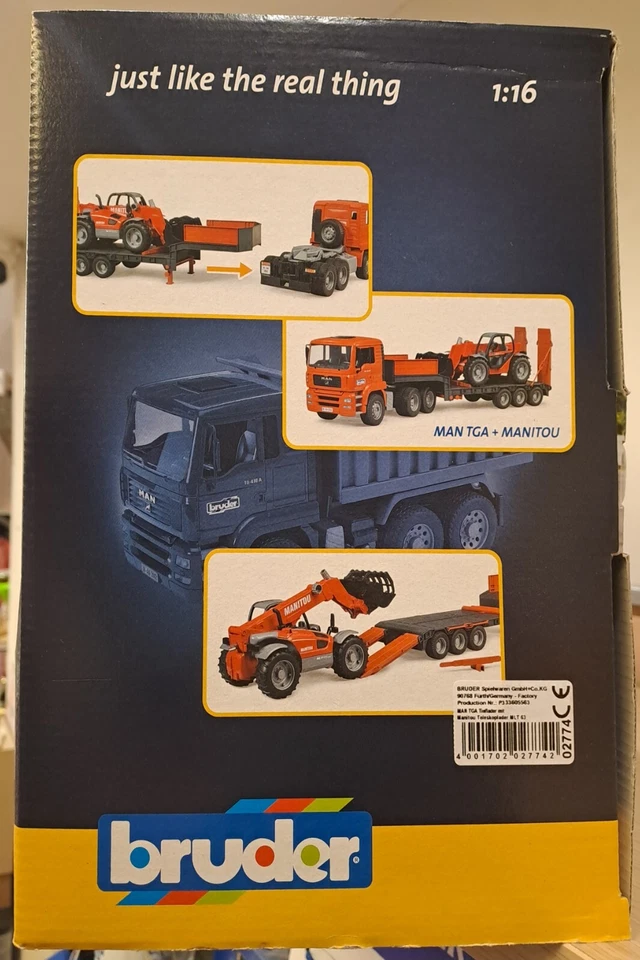 BRUDER 02774 CAMION MAN TGA con porta attrezzi e telescopio MANITOU MLT 633 - Immagine 2 di 3