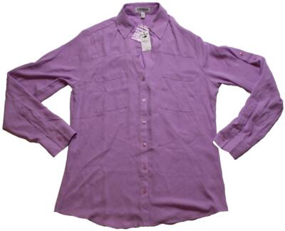 Express Womens Portofino Long Sleeve V-Neck Button Shirt Purple NWT Sz S Defect