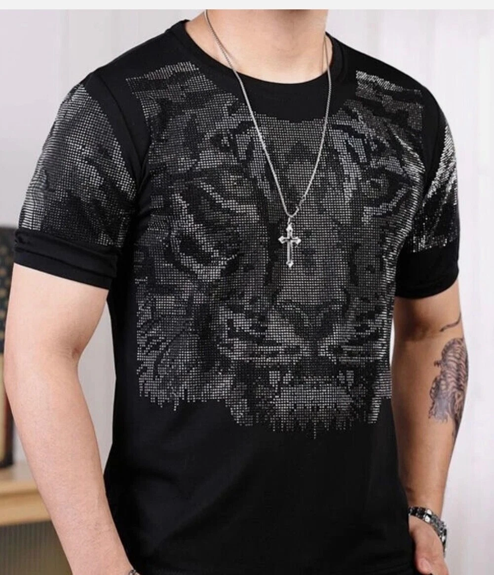 Fashion Tiger Rhinestone Summer Short Sleeve Luxury Men Black Size XXL