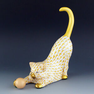 Herend CAT & Ball Butterscotch Yellow Fishnet Hand Painted Kitten Figurine 15309 | eBay