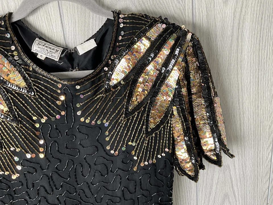 Vestido Gatsby Vintage Años 80 Stenay Lentejuelas Cuentas Glamour Aleta Negro Dorado Talla 6 Foto 4 de 4