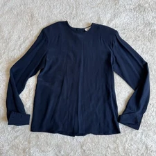 Mark Shale Womens Blouse Silk Long Sleeve High Neck Button Up Back Blue Sz 8