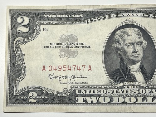 1963 Series $2 Two Dollar Bill Red Seal Fed Reserve Note - Picture 2 of 6