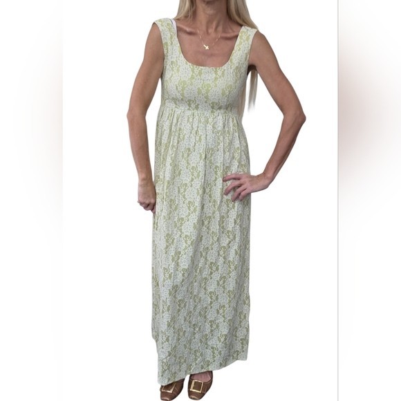 Vintage 1960s Handmade Lace Empire Waist Maxi Dress Green Ivory XS Small