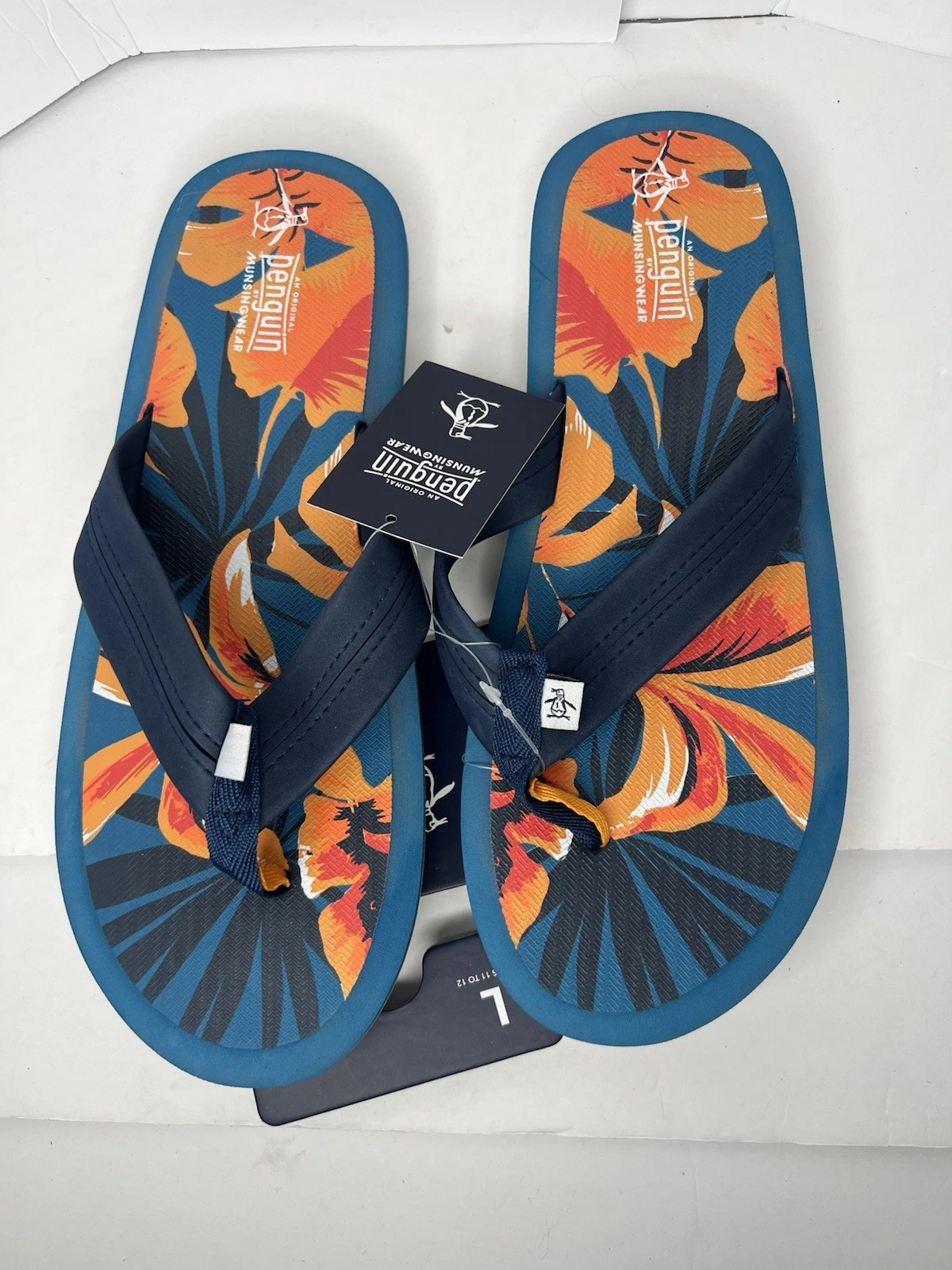 New Original Penguin Navy & Orange Tropical Floral Men's Flip Flops Sz 10