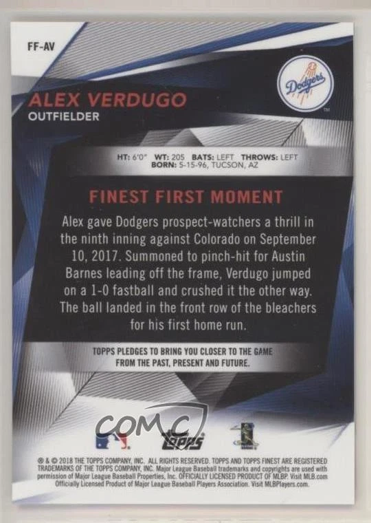 2018 Topps Finest Finest Firsts Gold Refractor /50 Alex Verdugo #AV Rookie RC - Image 2 of 2