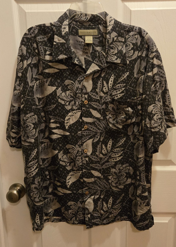 Naturalife Leaf Print S/S Button Up Shirt Grey Black Men's Size Large 100% silk