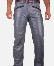 Men's Genuine Leather Bikers Pants Contrast Piping & Saddle Seat Back Pants Gray