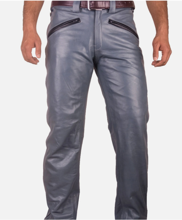 Pantalones de motociclista de cuero genuino para hombre pantalones de respaldo de asiento y tubería en contraste gris