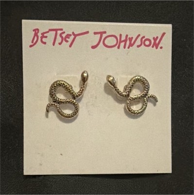 Betsey Johnson Signed Silver Tone Snake Clear Crystal Stud Earrings