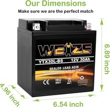 Weize YTX30L-BS AGM Battery   Replacement for Yuasa YIX30L, Maintenance-Free