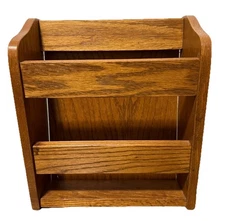 Vtg Wall Mount Document Holder Magazine Rack Solid Oak Wood Primitive Rear Mount
