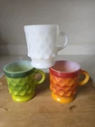 Set Of 3 VTG Fire King Kimberly Diamond Point Green Orange White Coffee Mugs EUC