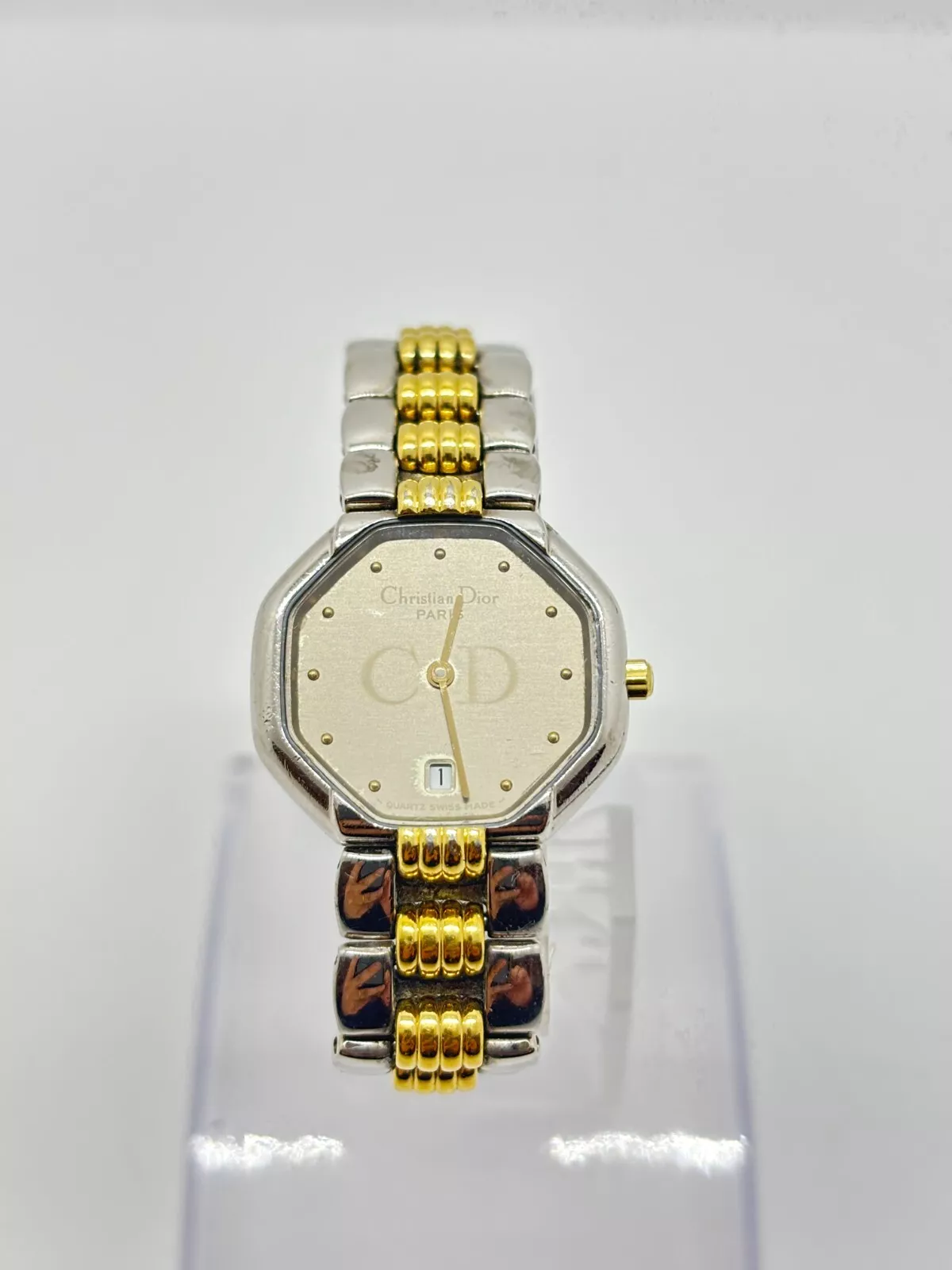 [Exc+5] ChristianDior Octogon Date 48,203 Argent Or Gris Montre Bracelet Femme
